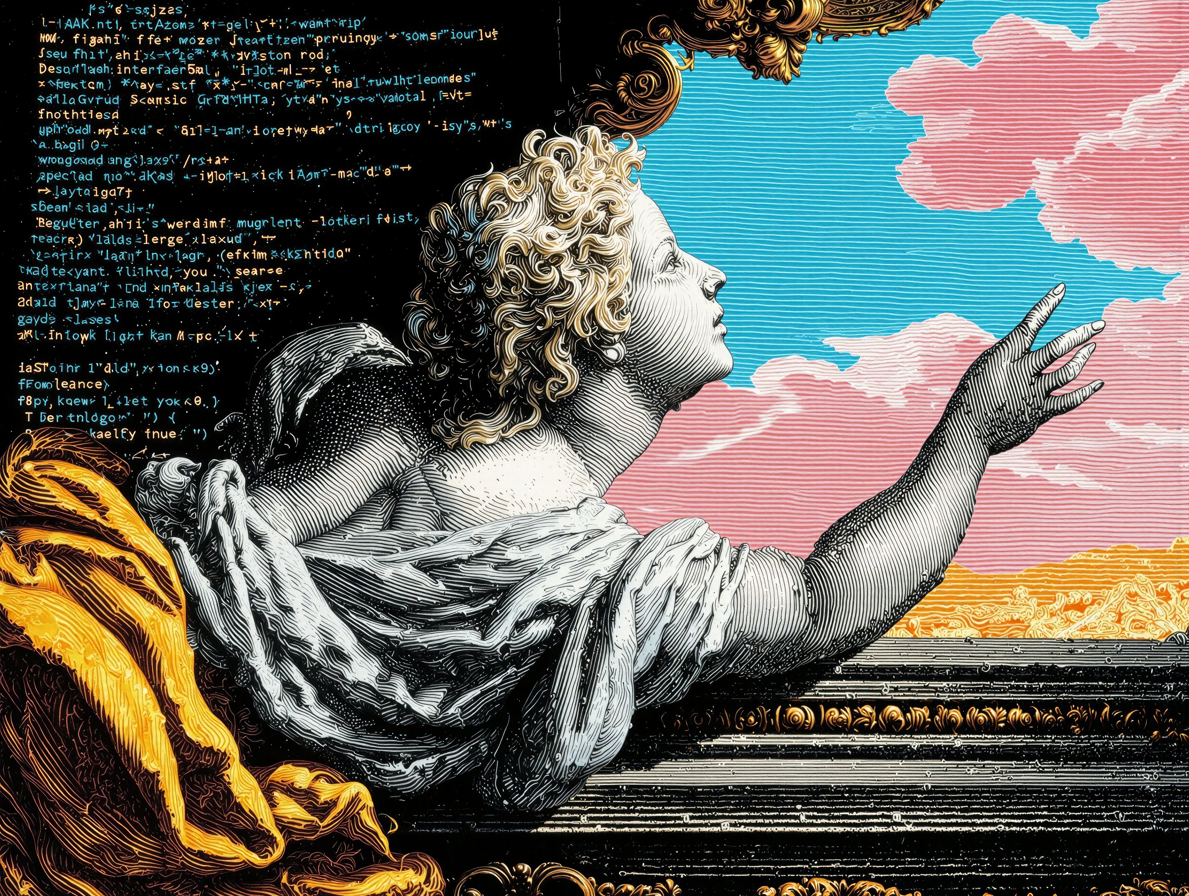 image of a greek god pointing at the sky